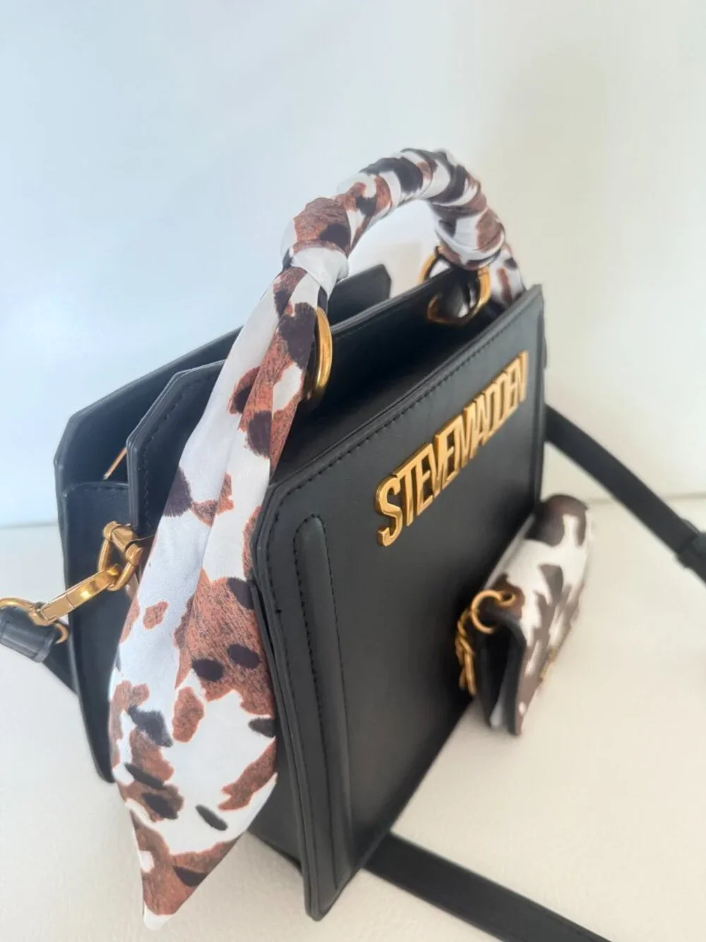 STEVE MADDEN BEVELYN SCARF SATCHEL CROSSBODY BAG ANIMAL PRINT SCARF WALLET BLACK